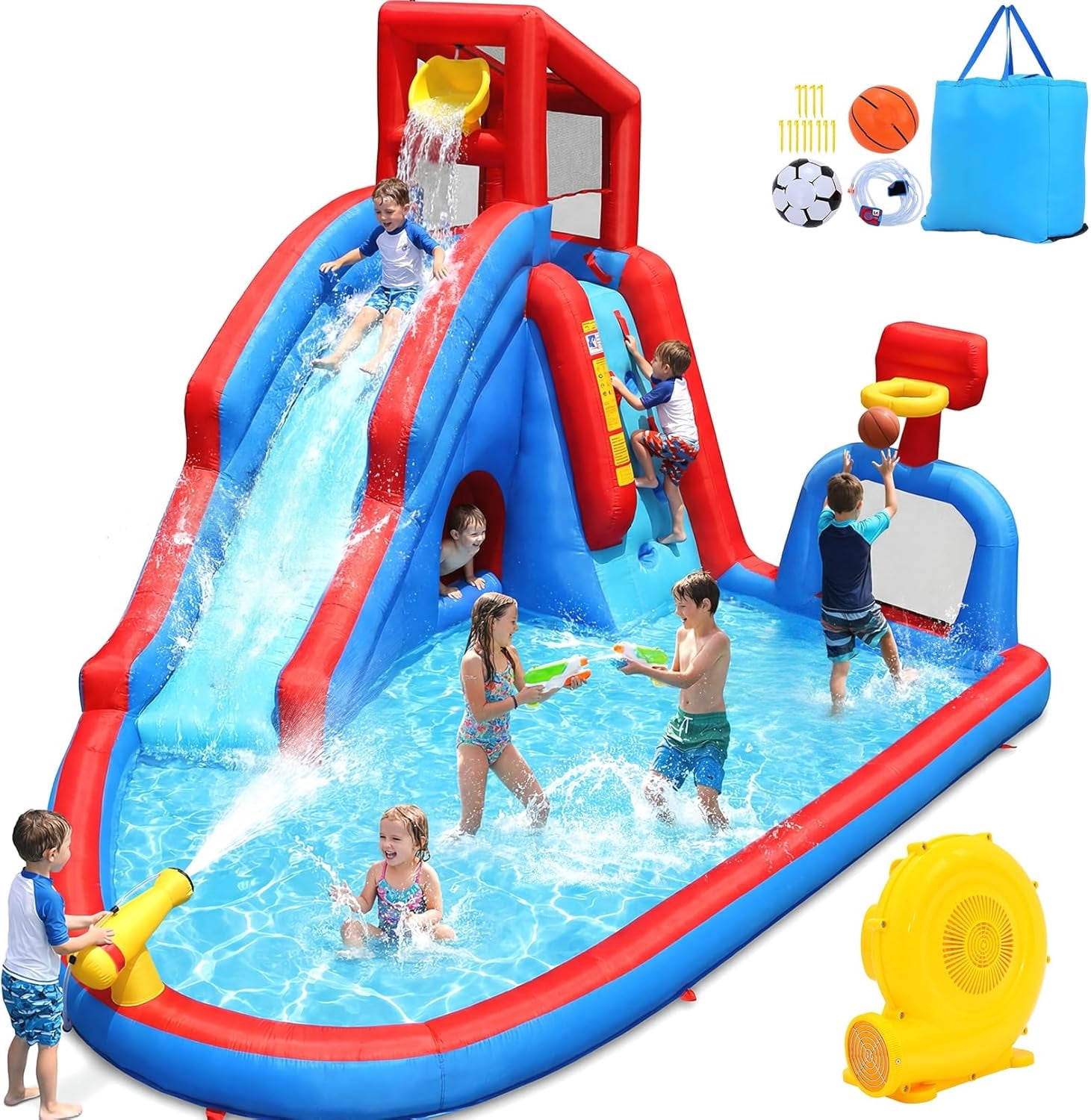 Veeboto 8 in 1 Water Slide with Blower，Outdoor/Indoor Inflatable Bouncy House with Slide, Pool, Climbing Wall, Basketball Hoop, Soccer Goal, Water Cannon, Tunnel, Water Park for Big Kids