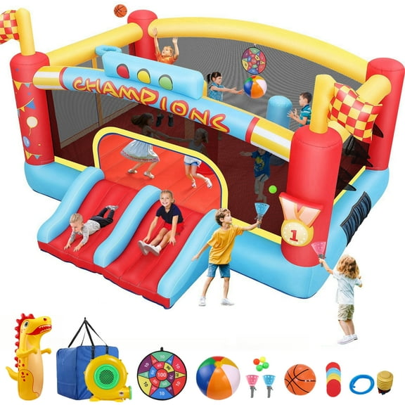 Veeboto Inflatable Bounce House with 550W Blower, Big Bouncy House with Double Slide, Jumping Area, Ball Basket, Ball Net, Target, Obstacle Post, Indoor & Outdoor Jumping Castle for Kids Aged 3-12