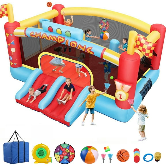 Veeboto Inflatable Bounce House with 550W Blower, Big Bouncy House with Double Slide, Jumping Area, Ball Basket, Ball Net, Target, Obstacle Post, Indoor & Outdoor Jumping Castle for Kids Aged 3-12