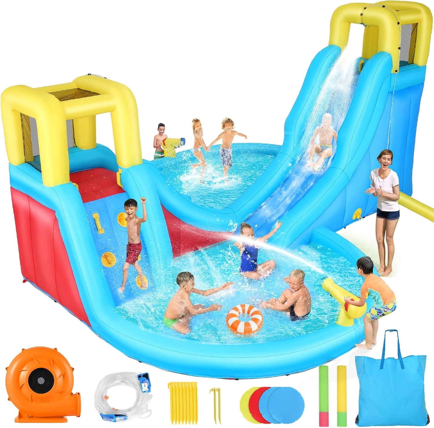 Veeboto Inflatable Dual Slide with Double Pool, Water Slide with 520W ...