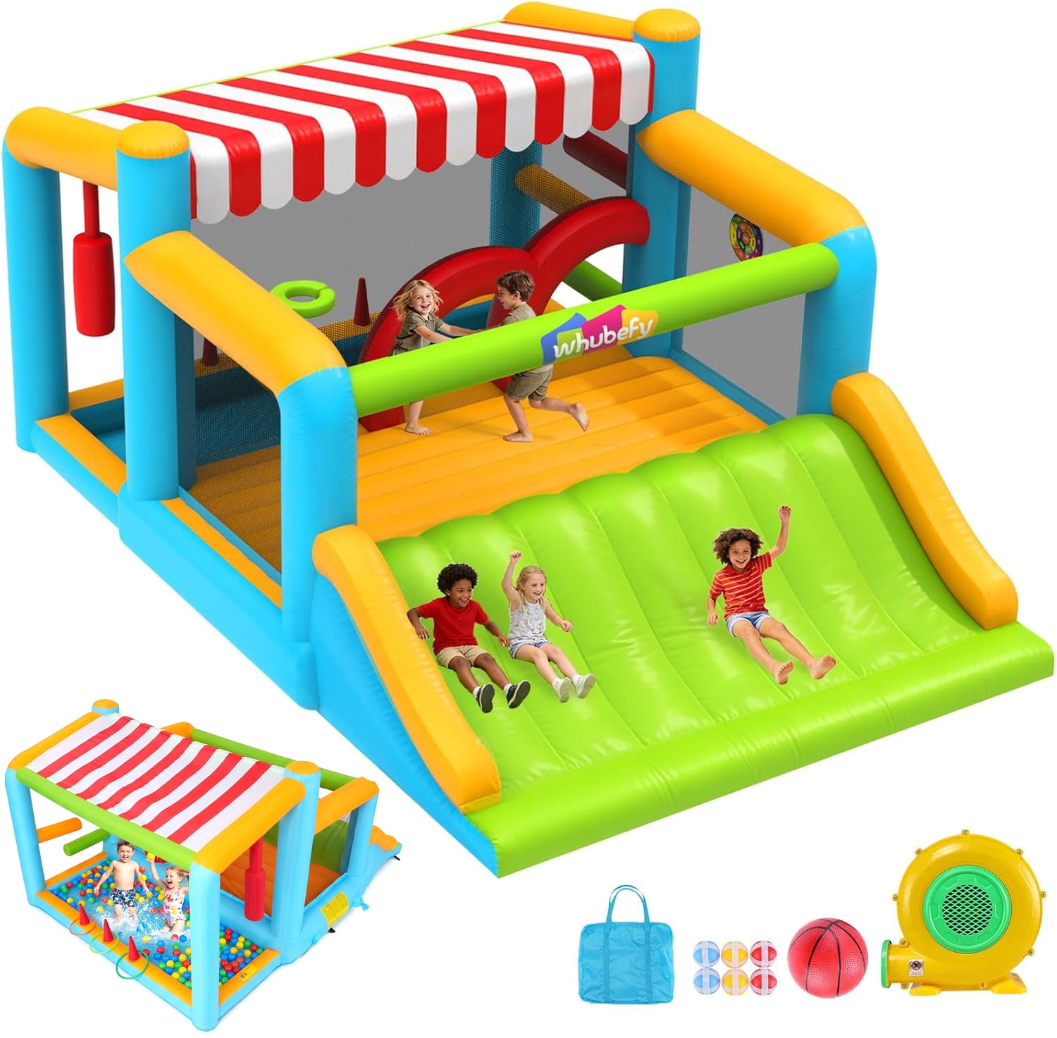 Veeboto Inflatable Bounce House 9-in-1 Multi-Functional, Water Slide with Ball Pool, Darts, Ring Toss, Punching Bag, and Obstacle Course, Indoor/Outdoor Kids Bouncy Castle Includes Blower