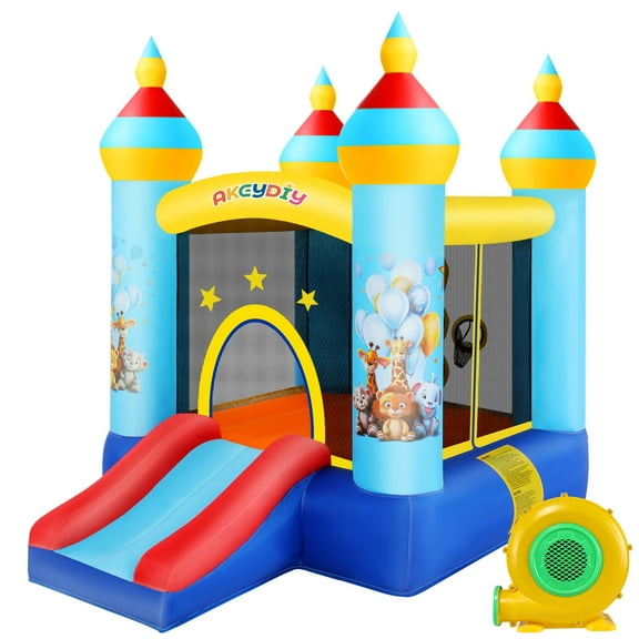 Veeboto Inflatable Bounce House with Blower, Bouncy Castle with Slide, Jumping Area, Ball Net, Animal Party Jumping House for 2-6 Years, Indoor & Outdoor