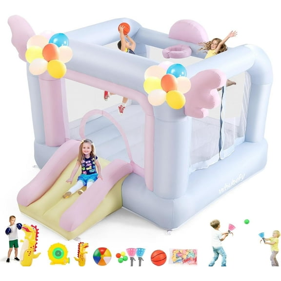 Veeboto Inflatable Bounce House, Kid's Bouncer with Angel Wings for Children Aged 3-8 Years, Jumping Castle with Blower, Slide, Basketball Hoop for Indoor and Outdoor