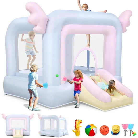 Veeboto Inflatable Bounce House, Kid's Bouncy House with Angel Wings for Children Aged 3-8 Years, Jumping Castle with Slide, Basketball Hoop for Indoor and Outdoor