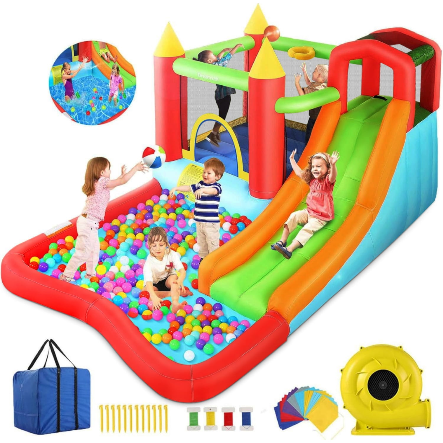 Veeboto Inflatable Bounce House for Kids 3-10, Bouncy Castle with Slide, Bouncy Area, Climbing Wall, Basketball Hoop, Pool, Suitable for Indoor and Outdoor, Jumping Castle with Blower