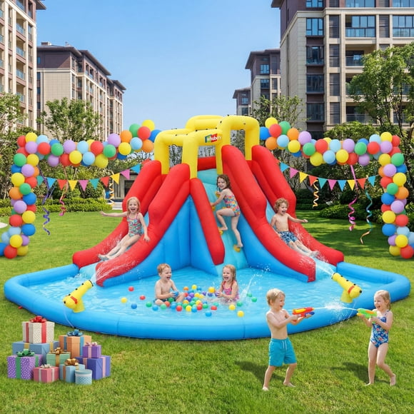 Veeboto Inflatable Water Slide for Toddlers with Blower, Bounce House with Large Play Pool, Double Slides, Climbing Wall, Double Water Cannons for Large Water Parks