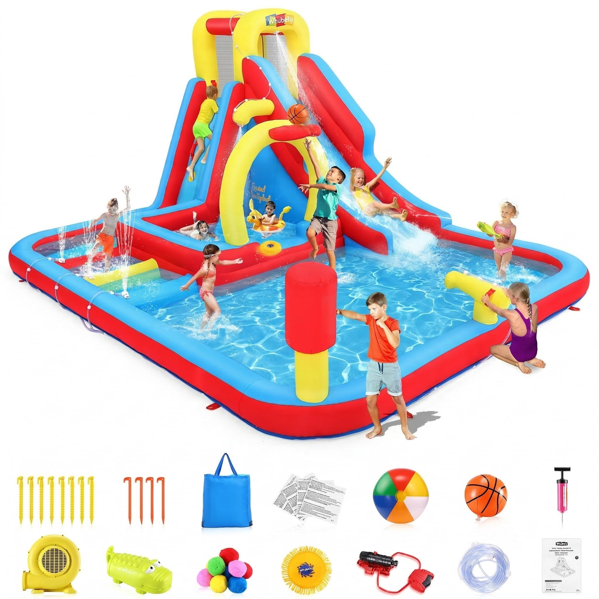 Inflatable Water Slide with 480W Blower, Bounce House for Big Kids, 15-in-1 Blow up Jumping Castle with Dual Pools, Obstacle Course, Water Cannon, Indoor & Outdoor