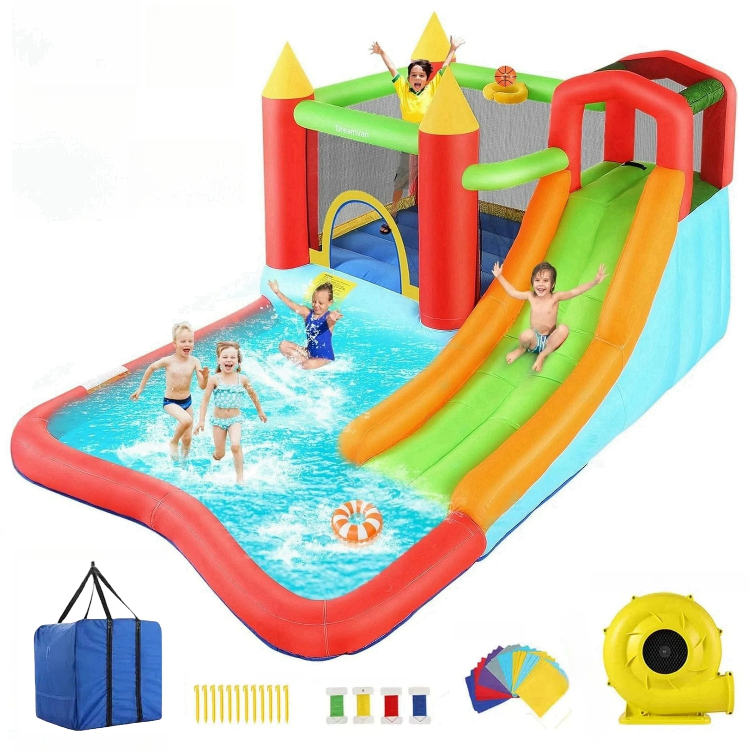 Veeboto Inflatable Bounce House with 370W Blower, Large Bouncy Castle with Slide & Bouncing Area, Climbing Wall, Jumping House for 3-10 Years Kids