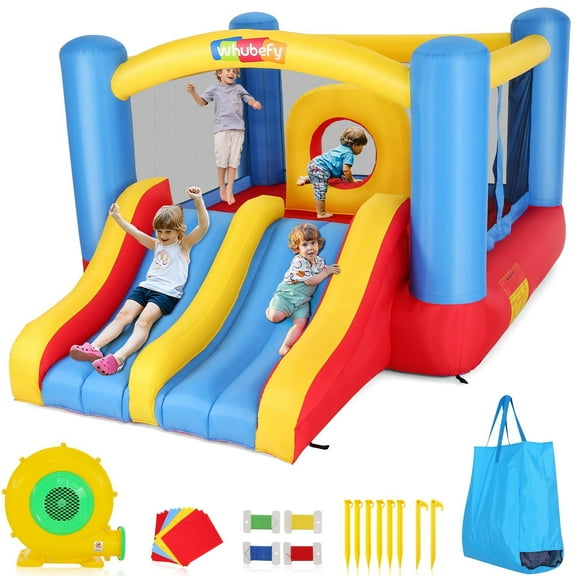 Inflatable Bounce House with Obstacle Course, Jumping House for Kids 3~10, 12 x 9ft Bounce Castle with Double Slide & Large Bounce Area, Indoor/Outdoor Bouncy Castle with 370W Blower