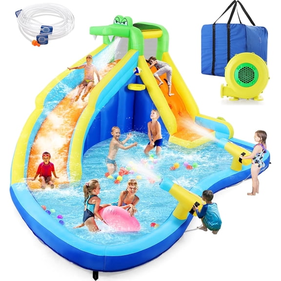 Veeboto Inflatable Water Slide, 5-in-1 Inflatable Water Park with Blower, Paddling Pool, 2 x Water Guns, Climbing Wall, Basketball Hoop, and Long Water Slide for 2-10 Years Kids
