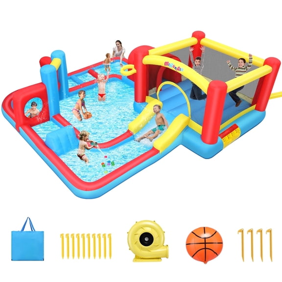 Adnoom Inflatable Water Slide with Large Splash Pool, Kids Bounce House w/Slide,Obstacles,Climbing,Basketball Hoop,Jumping Area for 3-10 Years, 172"X172"X65" Bouncy Castle(without Blower)