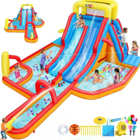 Veeboto Inflatable Water Slide with 620W Blower, Bounce House for Big Kids with Slide, Pool, Shower Area, Climbing Wall, Water Cannon, Basketball Frames, Inflatable Dual Slide for Outdoor & Indoor