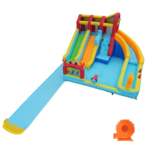 Veeboto Inflatable Water Slide with 750W Blower, Water Park Featuring 3 Slides, Pool, Water Cannon, Ball Net, Ball Hoop, Ring Toss Pole, Climbing Wall, Bounce House for Ages 3-12