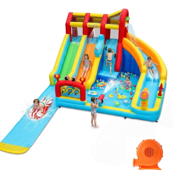 Veeboto Inflatable Water Slide with 750W Blower, Water Park Featuring 3 Slides, Pool, Water Cannon, Ball Net, Ball Hoop, Ring Toss Pole, Climbing Wall, Bounce House for Ages 3-12