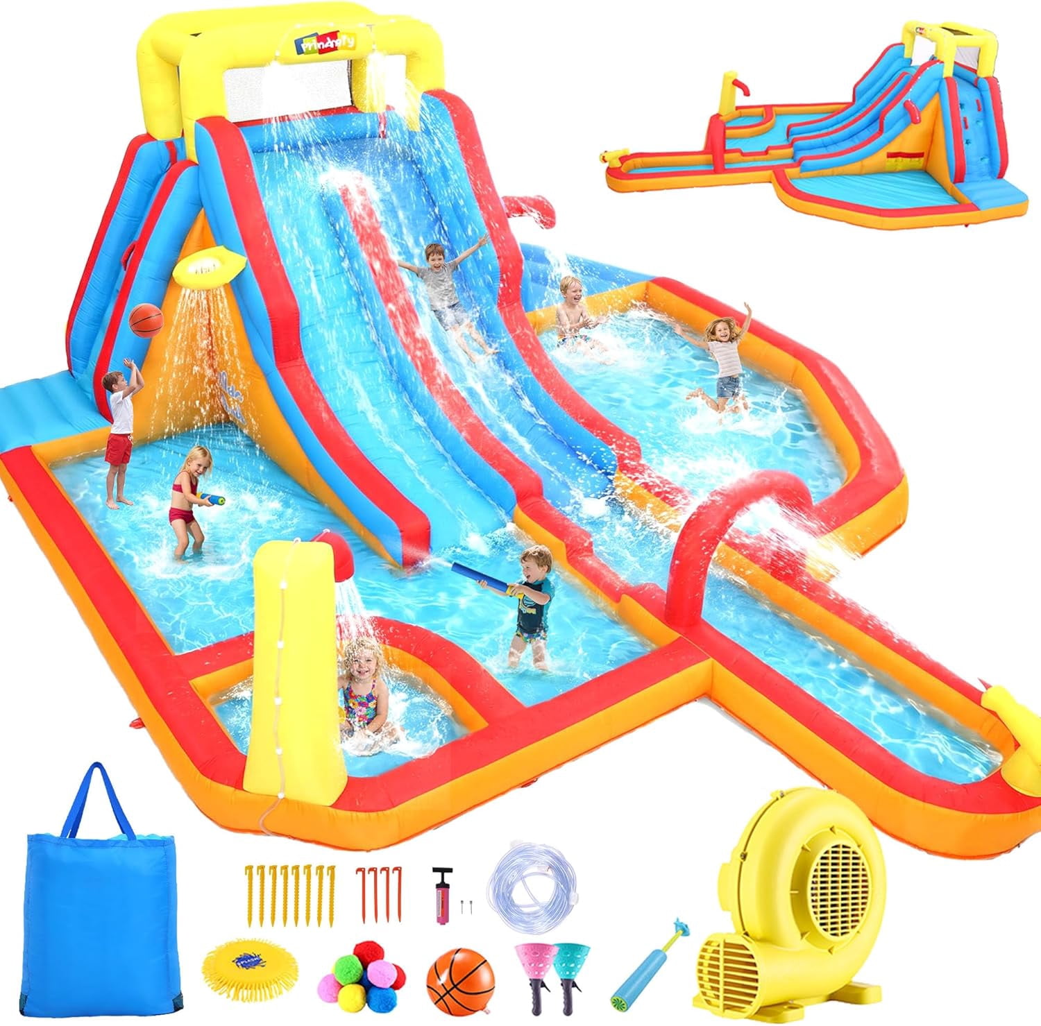 Qhomic Inflatable Water Slide for Ages 3-10, Indoor & Outdoor Bounce House with Slide, Pool, Shower Area, Climbing Wall, Water Cannon, Basketball Hoop, Inflatable Dual Slide with Blower