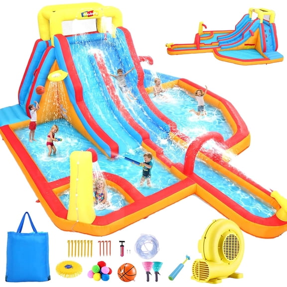 Qhomic Inflatable Water Slide for Ages 3-10, Indoor & Outdoor Bounce House with Slide, Pool, Shower Area, Climbing Wall, Water Cannon, Basketball Hoop, Inflatable Dual Slide with Blower