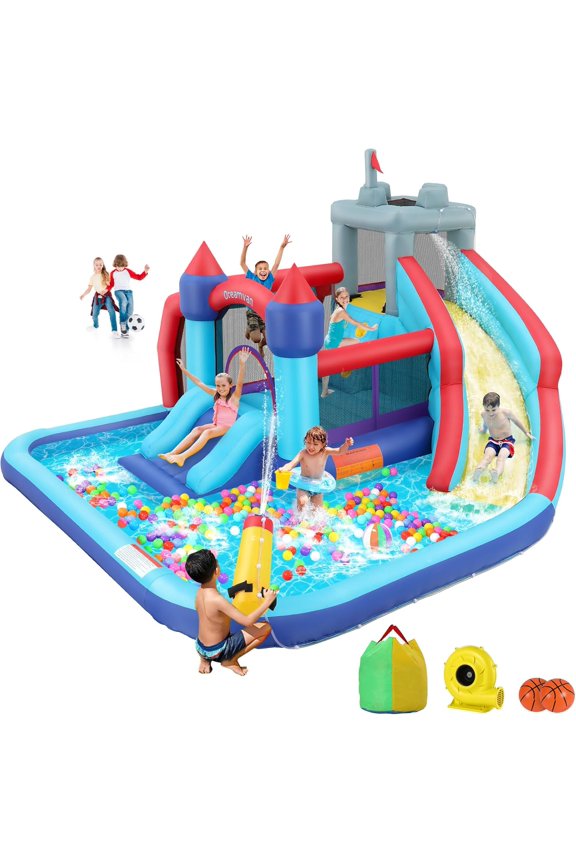 Inflatable Bounce House for Toddlers with Blower, Inflatable Water Slide with Bouncing Slides, Climbing Wall, Bouncing Area, Basketball Hoop, Water Gun, Inflatable Castle with Football Area