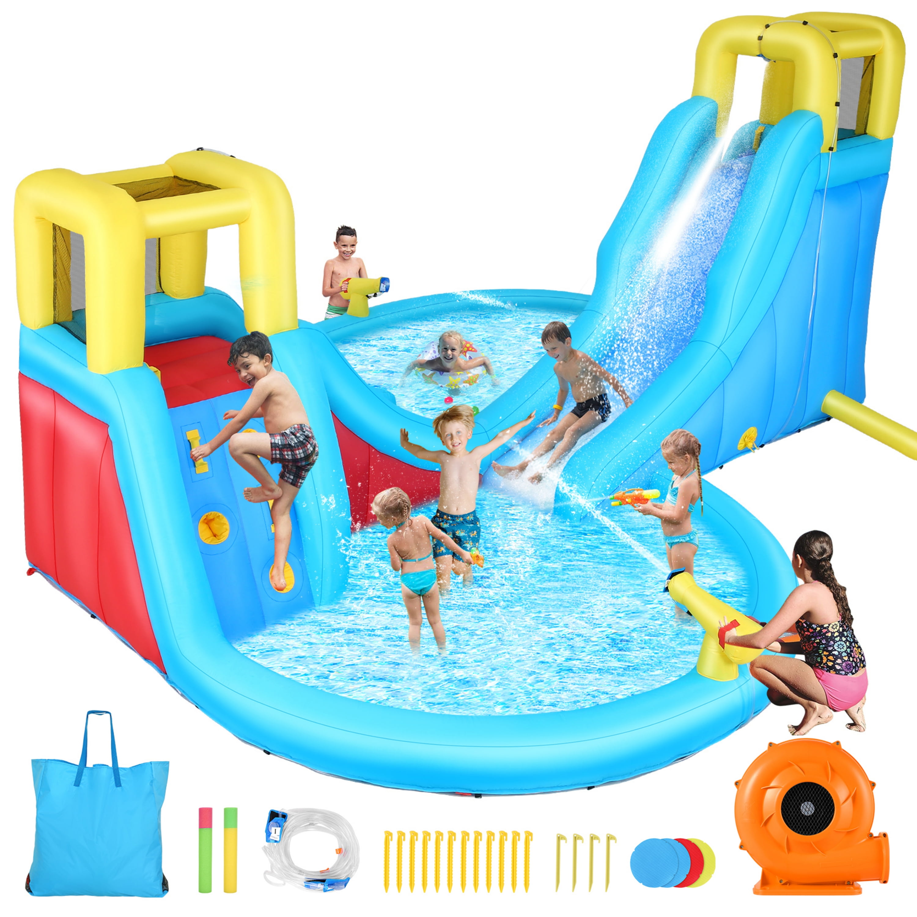 Veeboto Inflatable Water Slide with Blower, Water Park with 2 Water Guns, Children's Indoor/Outdoor Inflatable Bounce House with Double Slide, Climbing Wall, Ball Pool, Shooting, for 3-12 Years Old