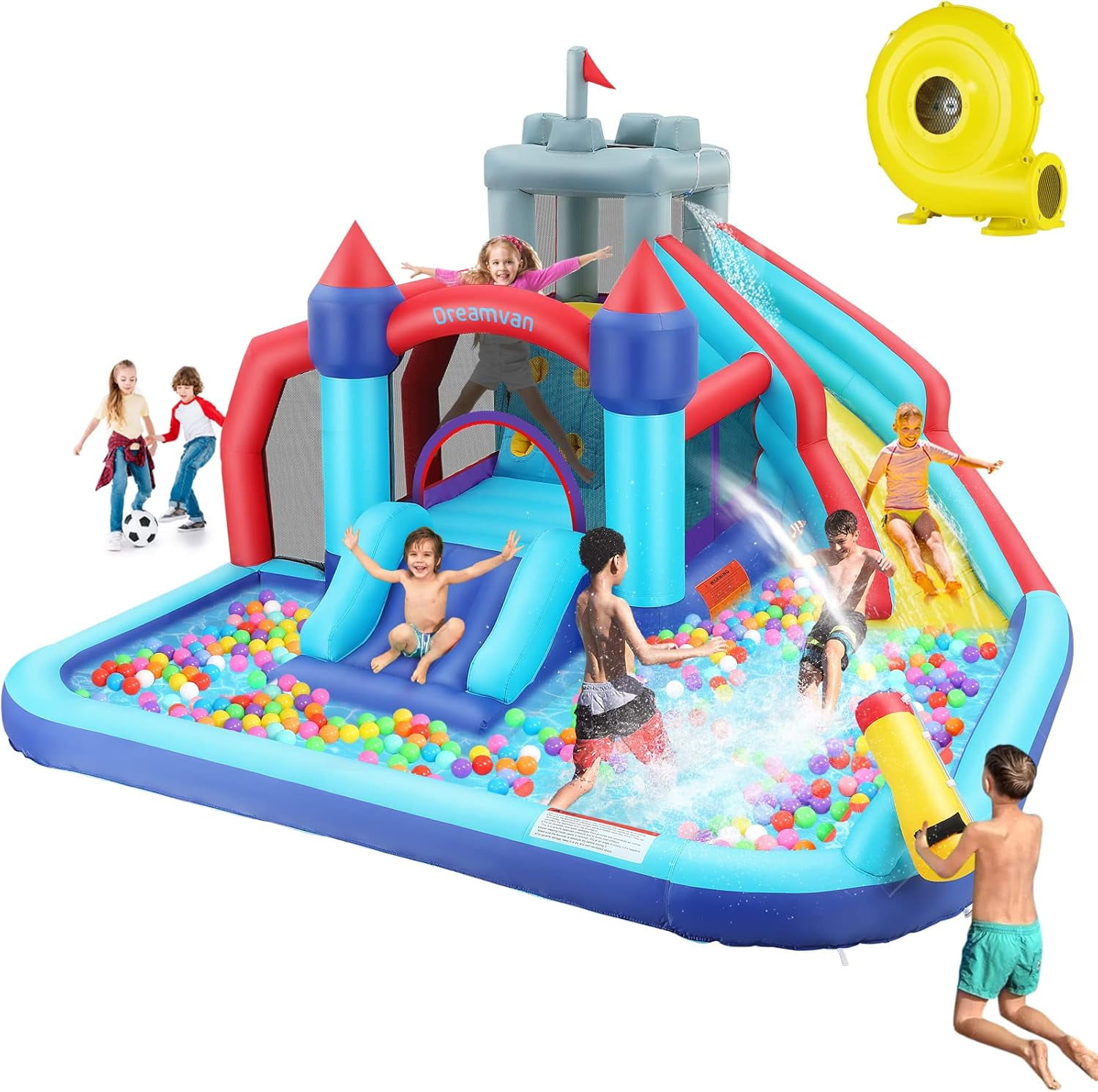 Qhomic Bounce House with 550W Blower, Water Slide with Pool, Climbing Walls, Jump Area, Basketball Hoop, Water Gun, Indoor and Outdoor Inflatable Water Park for kids