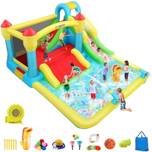 Veeboto Inflatable Water Slide with Blower, Water Park with Ball Pool, Slide, Boxing Ring, Climbing Wall, Basketball Stand, Indoor Outdoor Bounce House for Backyard Party, Birthday Gift, Wet & Dry