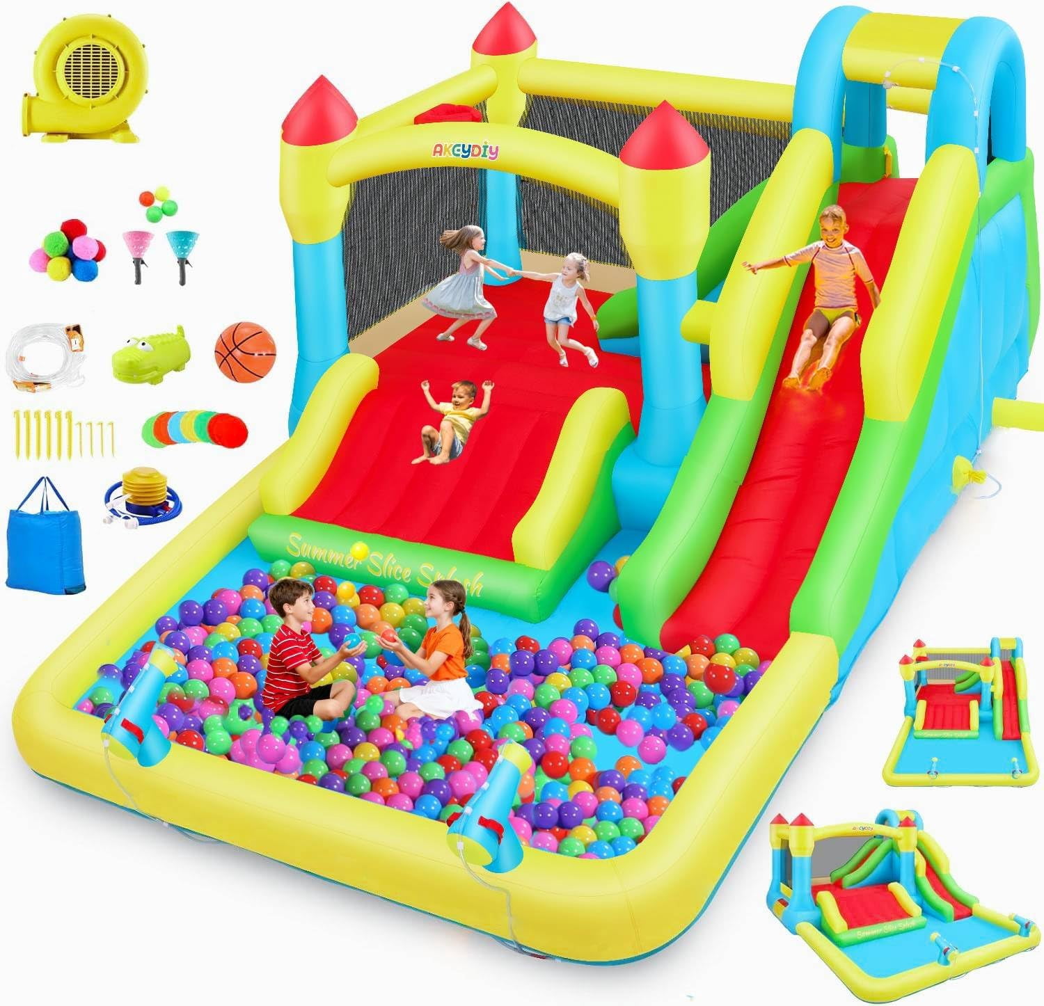 Veeboto Inflatable Water Slide with Blower, Water Park with Pool, Slide, Water Cannon, Climbing Wall, Basketball Hoop, Indoor Outdoor Bounce House for Backyard Party, Birthday Gift, Wet & Dry