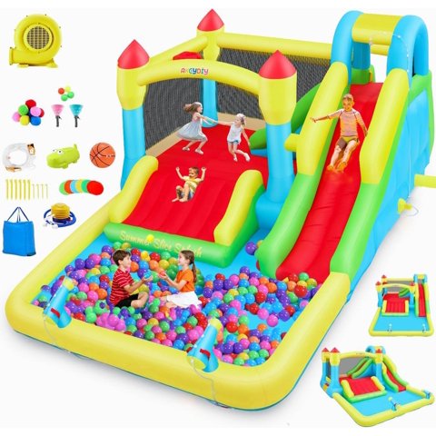 Veeboto Inflatable Water Slide with Blower, Water Park with Pool, Slide, Water Cannon, Climbing Wall, Basketball Hoop, Indoor Outdoor Bounce House for Backyard Party, Birthday Gift, Wet & Dry