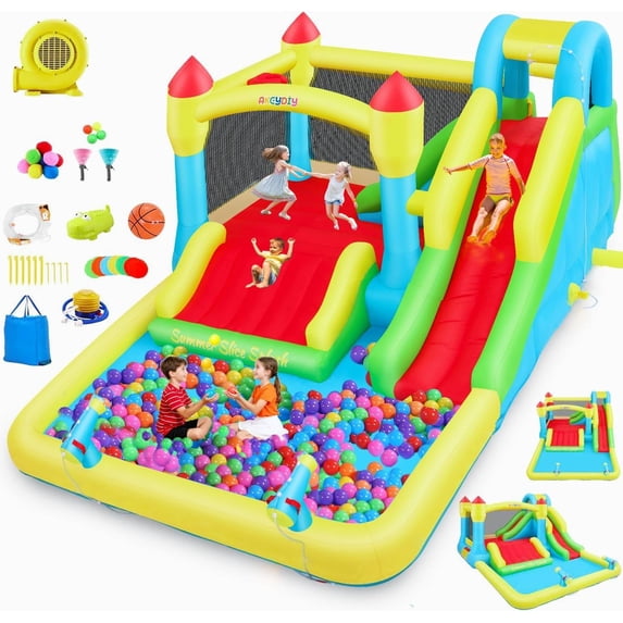 Veeboto Inflatable Water Slide with Blower, Water Park with Ball Pool, Slide, Boxing Ring, Climbing Wall, Basketball Stand, Indoor Outdoor Bounce House for Backyard Party, Birthday Gift, Wet & Dry