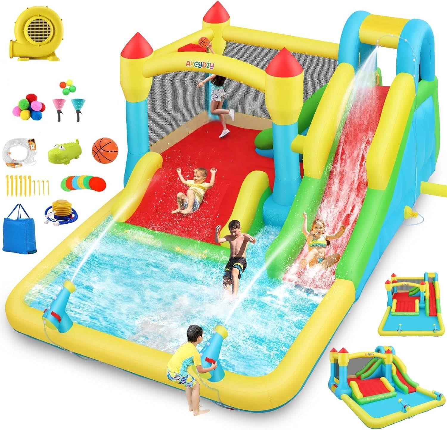 Veeboto Inflatable Water Slide with Blower, Water Park with Pool, Slide, Water Cannon, Climbing Wall, Basketball Hoop, Indoor Outdoor Bounce House for Backyard Party, Birthday Gift, Wet & Dry