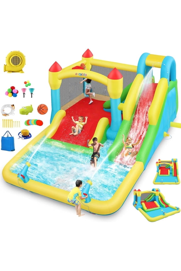 Inflatable Water Slide with Blower, Water Park with Pool, Slide, Water Cannon, Climbing Wall, Basketball Hoop, Indoor Outdoor Bounce House for Backyard Party, Birthday Gift, Wet & Dry