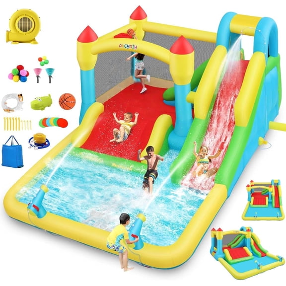 Veeboto Inflatable Water Slide with Blower, Water Park with Ball Pool, Slide, Boxing Ring, Climbing Wall, Basketball Stand, Indoor Outdoor Bounce House for Backyard Party, Birthday Gift, Wet & Dry