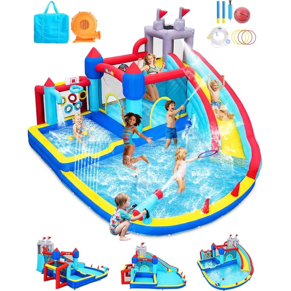 Veeboto Inflatable Water Slide with Dual Pools, Bounce House with Slide, Jumping Area, Water Spray Features, Basketball Hoop, Soccer Net, and 750W Blower for Wet/Dry Water Park, Indoor/Outdoor Use