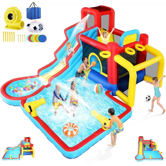 Veeboto Inflatable Water Slide with Blower, Bounce House with Climbing Wall, Dual Ball Pits, Water Cannon, Basketball Hoop, and Soccer Goal, Indoor/Outdoor Kids Inflatable Castle for Dry and Wet