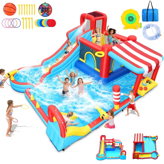 Veeboto Inflatable Water Slide with Dual Slides, Bounce House with Climbing Wall, Dual Ball Pools, Water Guns, Basketball Hoop and Punching Game, Indoor/Outdoor Kids Inflatable Castle with Blower