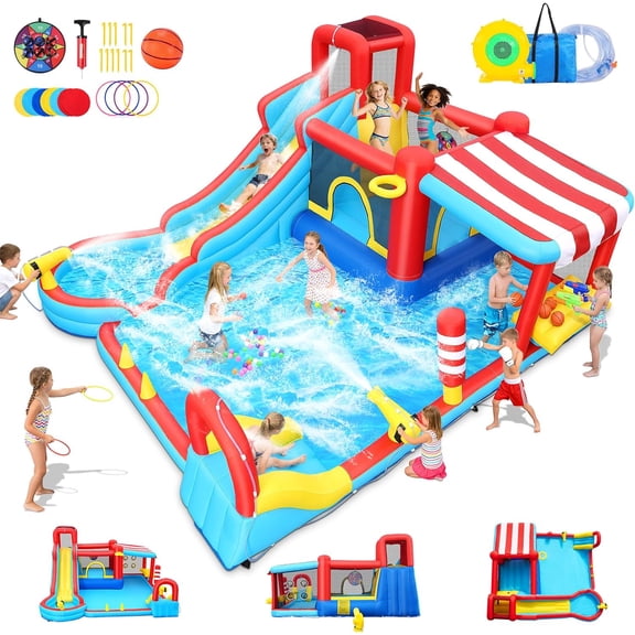 Veeboto Inflatable Water Slide with Dual Slides, Bounce House with Climbing Wall, Dual Ball Pools, Water Guns, Basketball Hoop and Punching Game, Indoor/Outdoor Kids Inflatable Castle with Blower