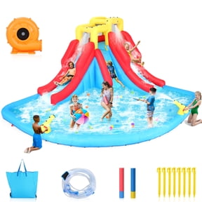 Veeboto Inflatable Water Slide, Inflatable Water Slide with 440W Blower, Includes Large Play Pool, Double Slides, Climbing Wall, Double Water Cannons for Large Water Parks