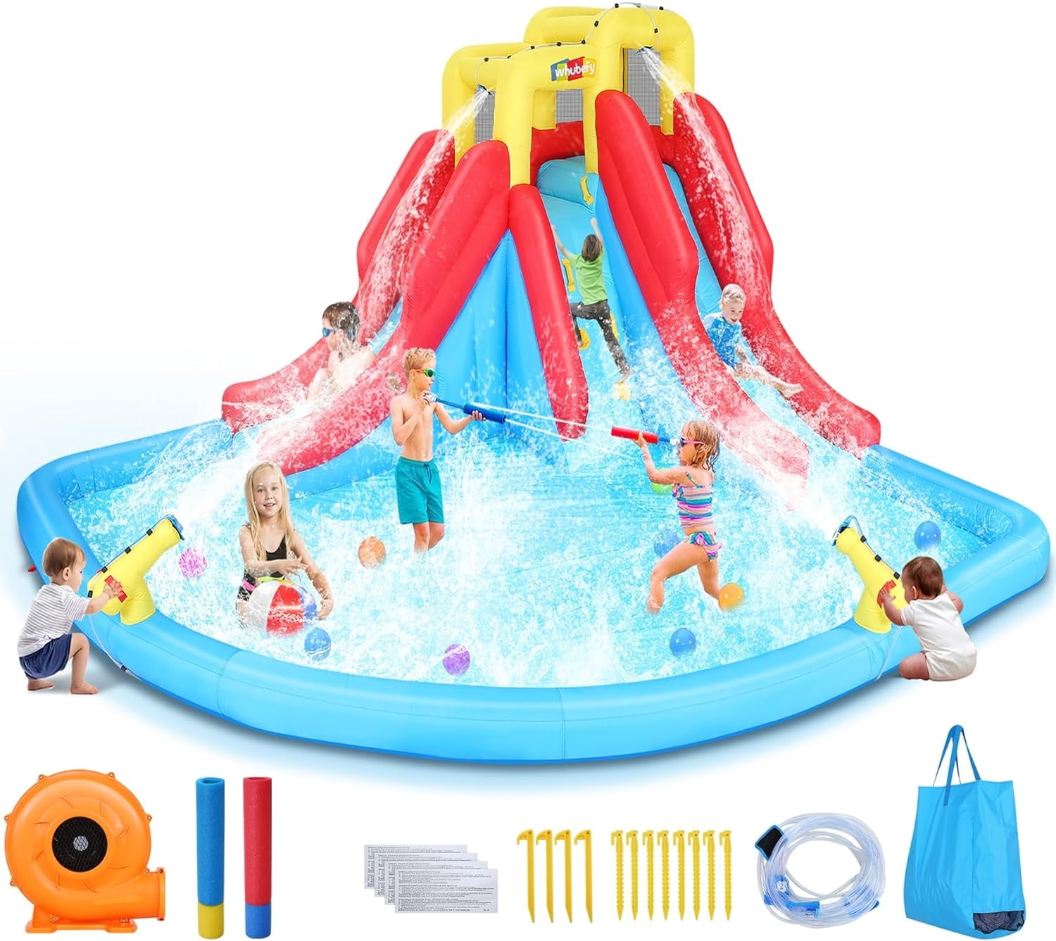 Veeboto Inflatable Water Slide with Splash Double Slide, Climbing Wall, Giant Water Play Ball Pool, 2 Spray Guns Kids Bouncy Castle, Outdoor/Indoor Bounce House, Backyard Water Slide Park