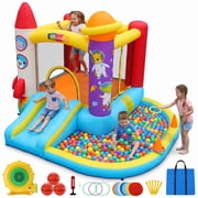 Veeboto Planet Rocket Theme Bounce House, Indoor Outdoor Bouncy Castle with Slide, Bounce Area, Pool, Ring Toss, Ball Net, Basketball Hoop for 3-10 Years Olds with Blower