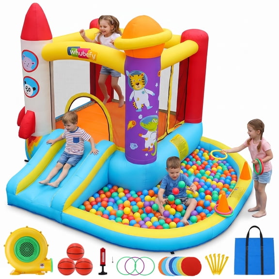 Veeboto Planet Rocket Theme Bounce House, Indoor Outdoor Bouncy Castle with Slide, Bounce Area, Pool, Ring Toss, Ball Net, Basketball Hoop for 3-10 Years Olds with Blower