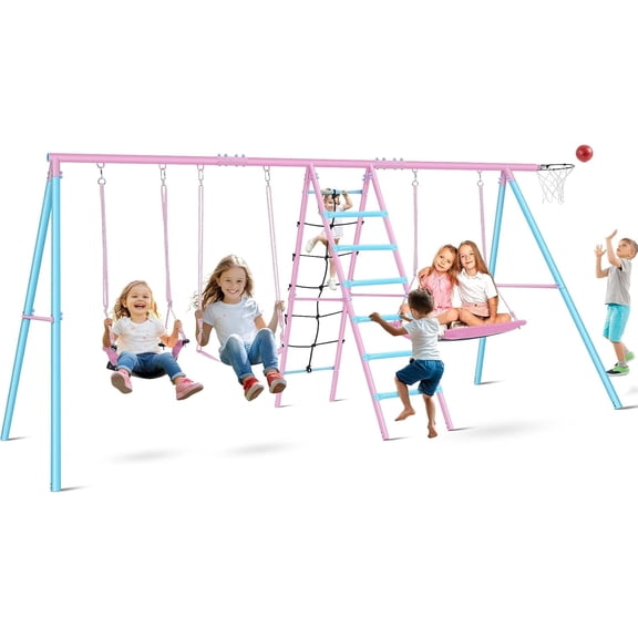 Veeboto Swing Sets for Backyard, 6-in-1 Heavy-Duty 700lbs Extra Large Swing Frame, Kids Swing Set with 3 Swing Seats Climbing Net/Ladder & Basketball Hoop