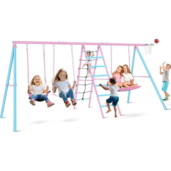 Veeboto Swing Sets for Backyard, 6-in-1 Heavy-Duty 700lbs Extra Large Swing Frame, Kids Swing Set with 3 Swing Seats Climbing Net/Ladder & Basketball Hoop