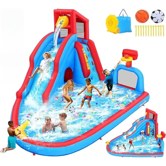 Qhomic Water Slide with 470W Blower, Bounce House with Slide, Climbing Wall, Basketball Hoop, Soccer Goal, Water Cannon, Pool, Tunnel, Water Park for Children Ages 3-10