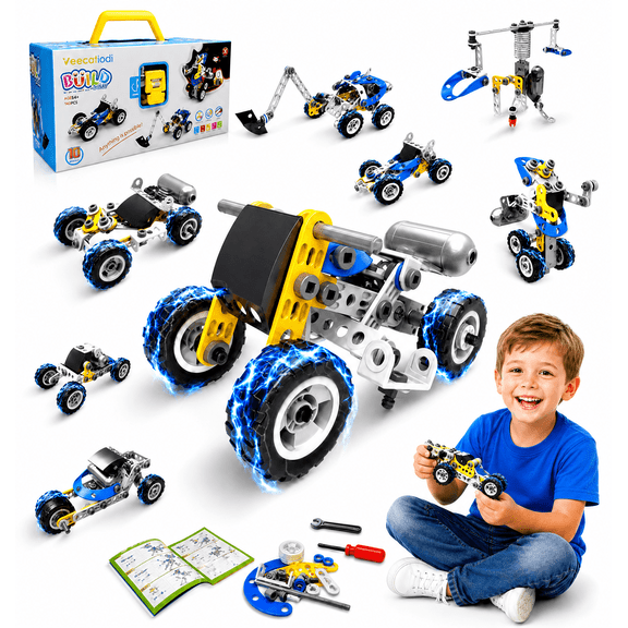 Veecafiodi 10-in-1 Motorized STEM Building Set for Kids Ages 4-8, 113-Piece Engineering Construction Toy with Storage Bucket, Blue