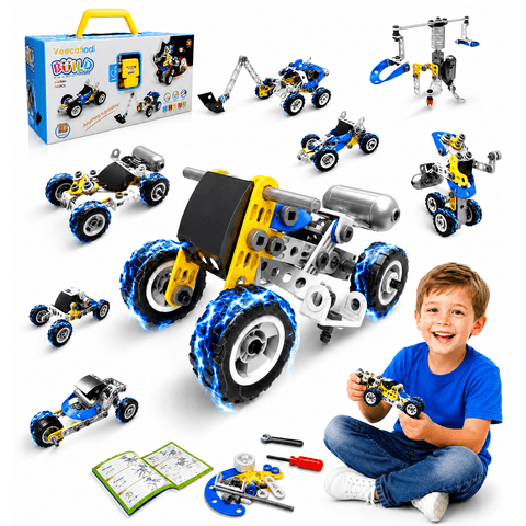 Veecafiodi 10-in-1 STEM Building Toy Set for Boys Ages 4-8, Motorized Construction Truck & Robot Kit, 113-Piece Engineering Toy with Storage Bucket