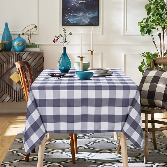 PinShang Buffalo Checkered Tablecloth, Wrinkle Resistant Heavy Weight Yarn Fabric Plaid Table Cover, for Kitchen Dinning Tabletop, Gray + White, 55"*70"