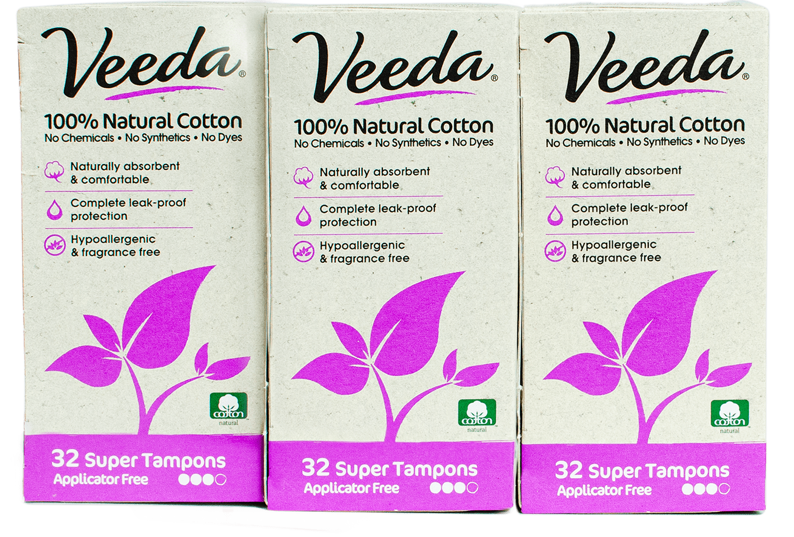 Veeda 100 Natural Cotton Applicator Free Tampons Super Absorbent