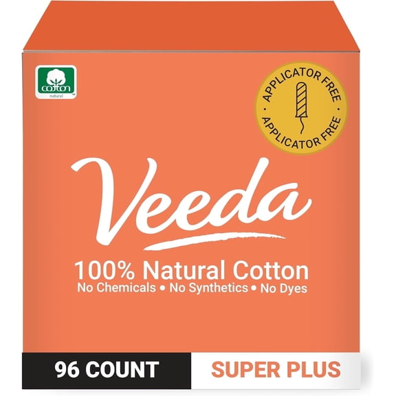 Veeda 100% Natural Cotton Tampons Super Plus Absorbency - Non-Applicator Tampons with leak proof protection - Unscented & Toxin Free - 96 Count