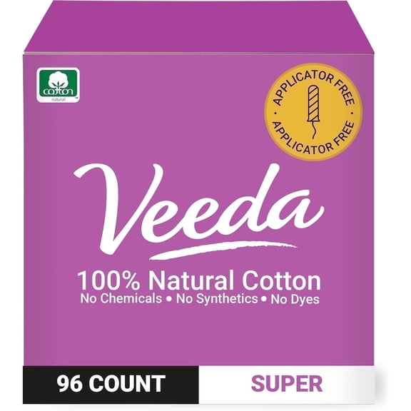 Veeda Natural Cotton Tampons, Super Absorbency, Non-Applicator, Unscented, 96 Count