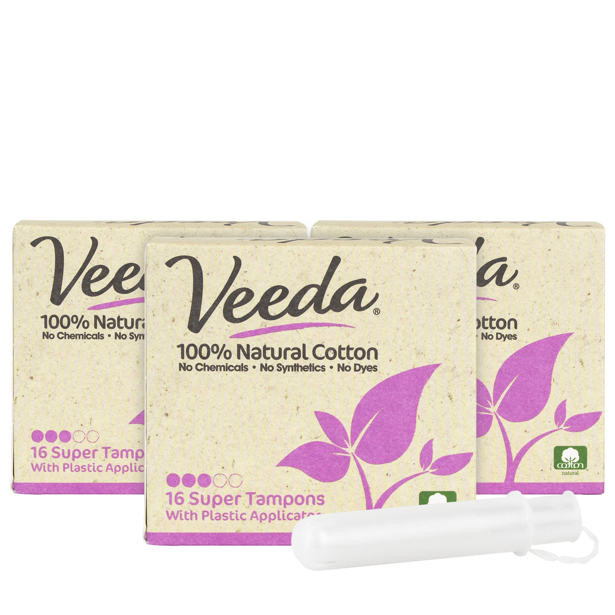Veeda 100 Natural Cotton Tampons Super Absorbency Applicator Free