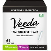 Veeda 100% Natural Cotton Compact Regular and Super Tampons - Compact BPA-Free Applicator - Unscented, Chlorine & Toxin Free - 32 Count Regular & 32 Count Super