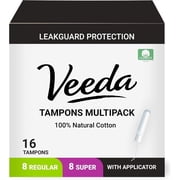 Veeda 100% Natural Cotton Compact Applicator Tampons, 8x Regular + 8x Super Multi-Pack 16 Tampons Total